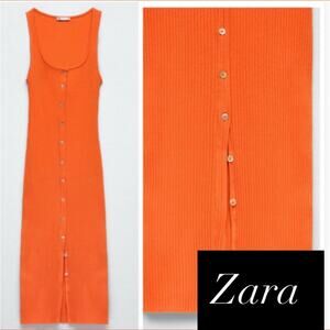 Zara Orange Ribbed Buttoned Maxi Dress NWT Large